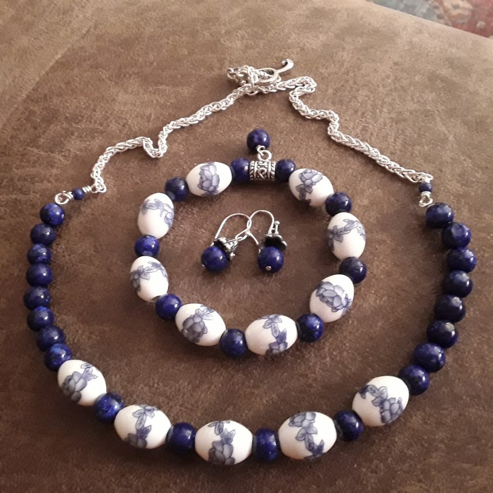 Lapis lazuli 6mm and ceramic beads  necklace, stretch bracelet, earrings set.